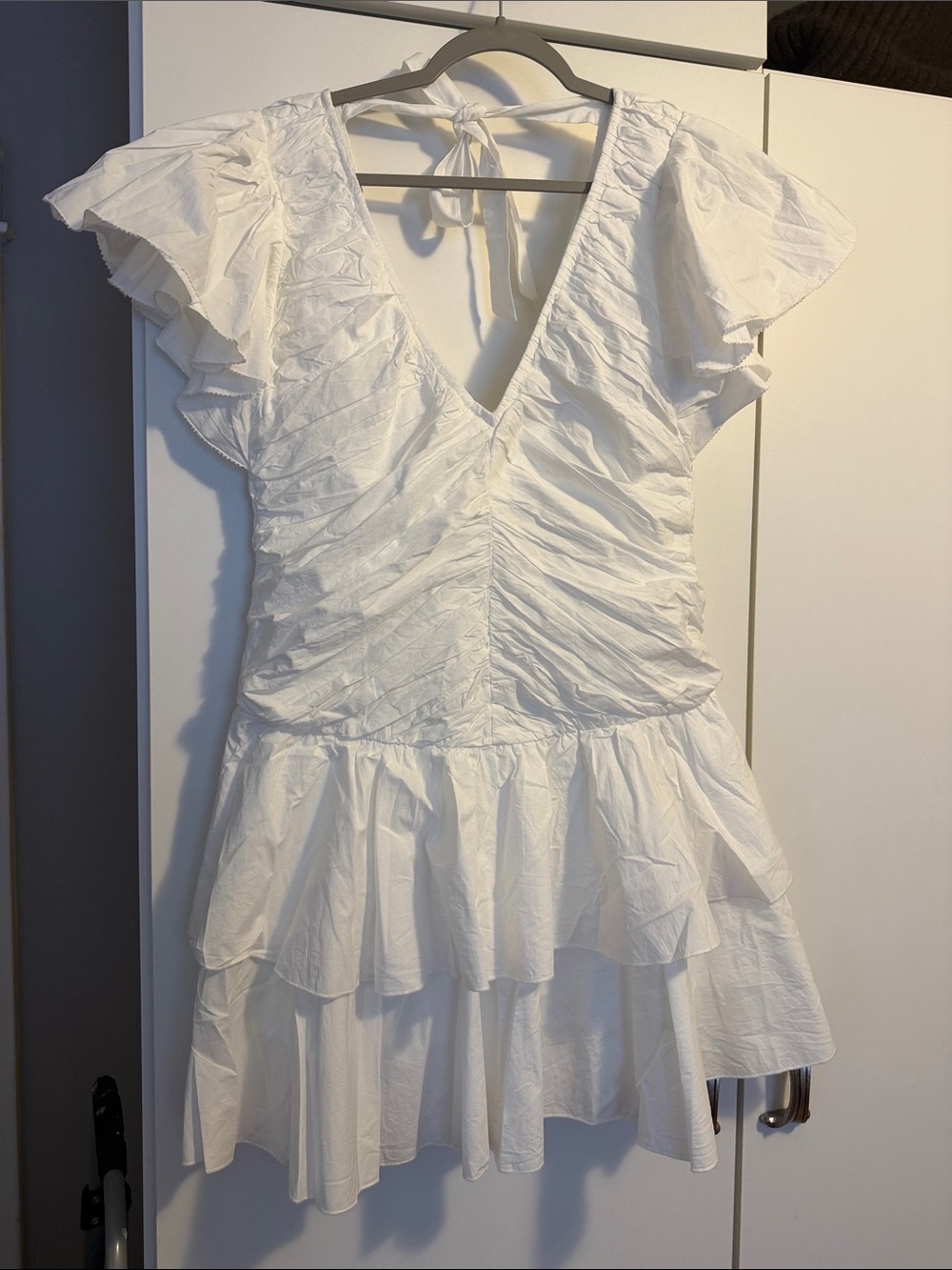 White Ruched V-Neck Tiered Mini Dress